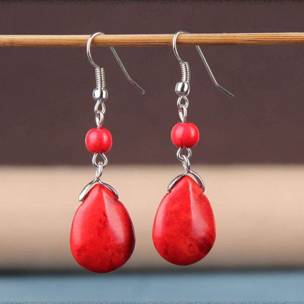 Double Turquoise Drop Earrings Natural Stone Round Bead Ball Dangle Earrings for Women Fashion Jewelry Gift (K:red)