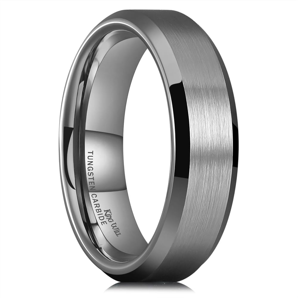 King Will 6mm Men's Gunmetal Gray Wedding Ring - Brushed Matte Surface, Beveled Polished Edge, Comfort Fit Size 13