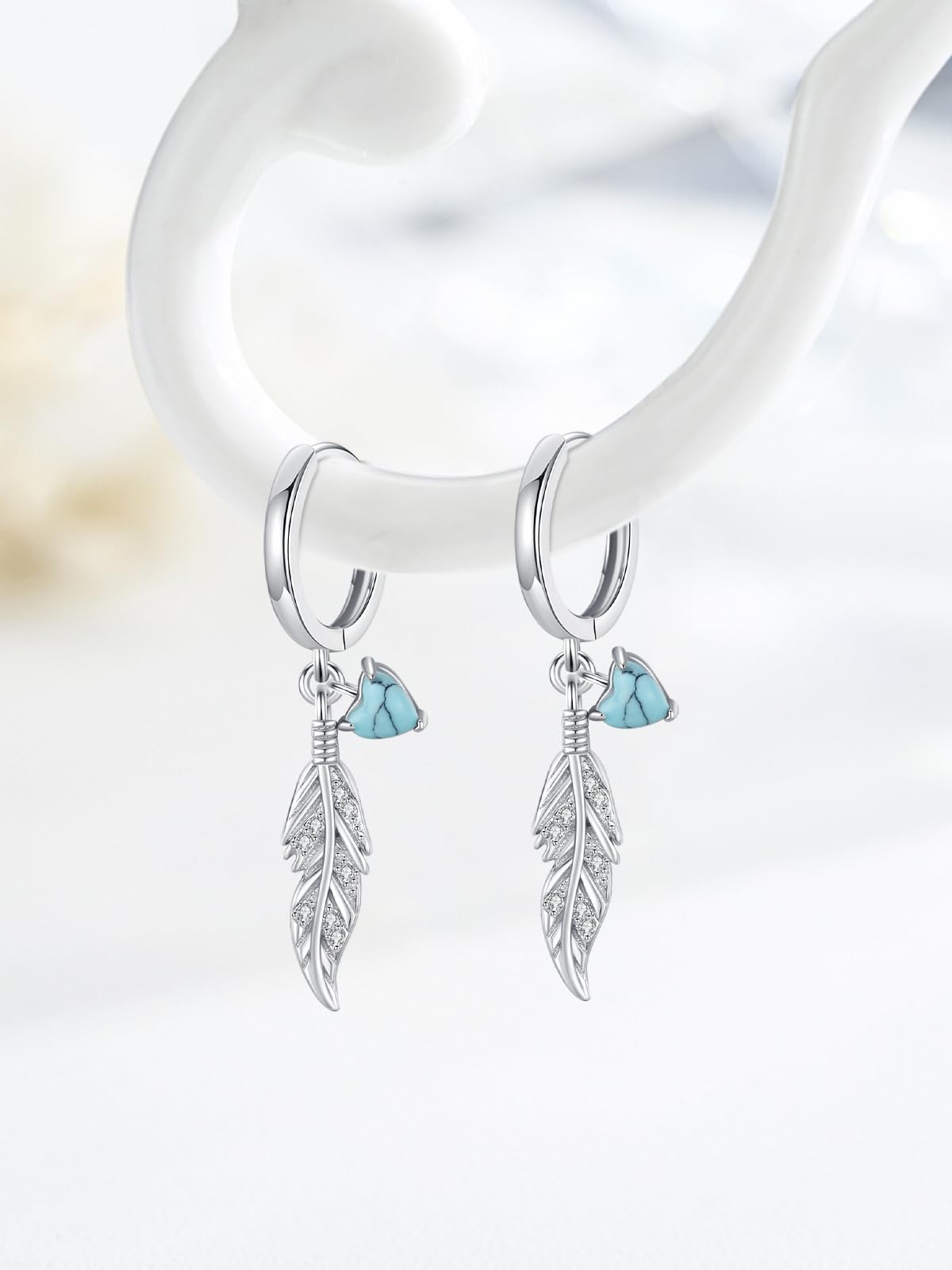 Turquoise Earrings 925 Sterling Silver Feather Dangle Earrings Native American Jewelry Western Vintage Gifts for Women