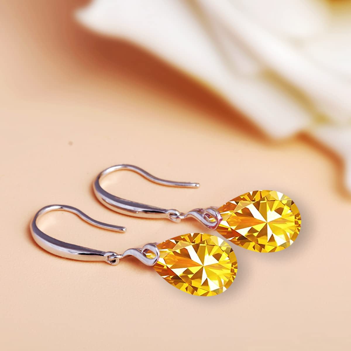 Maylover 14k White Gold Plated 925 Sterling Silver 12mm Pear Shape Naked Drill Crystal Dangle Earrings For Women (Earrings Gold color)