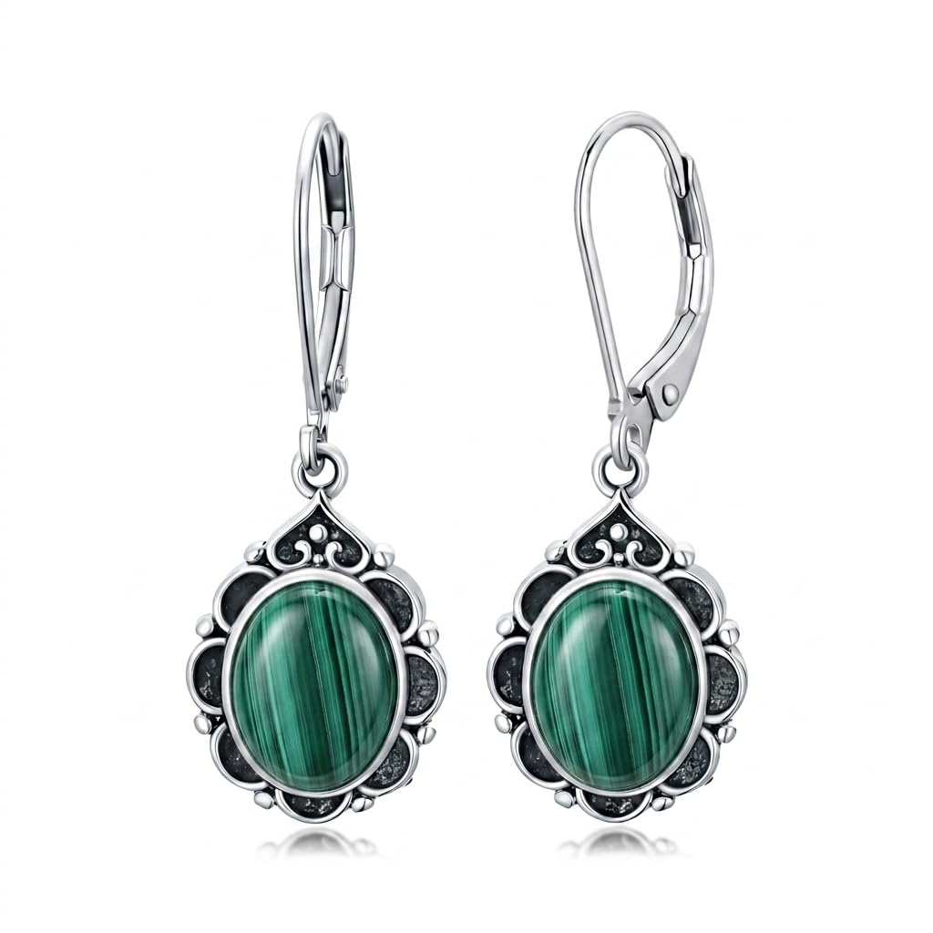 Malachite Drop Earrings for Women 925 Sterling Silver Vintage Oval 9x7mm Filigree Leverback Dangle Earrings, Gothic Victorian Antique Jewelry Gifts