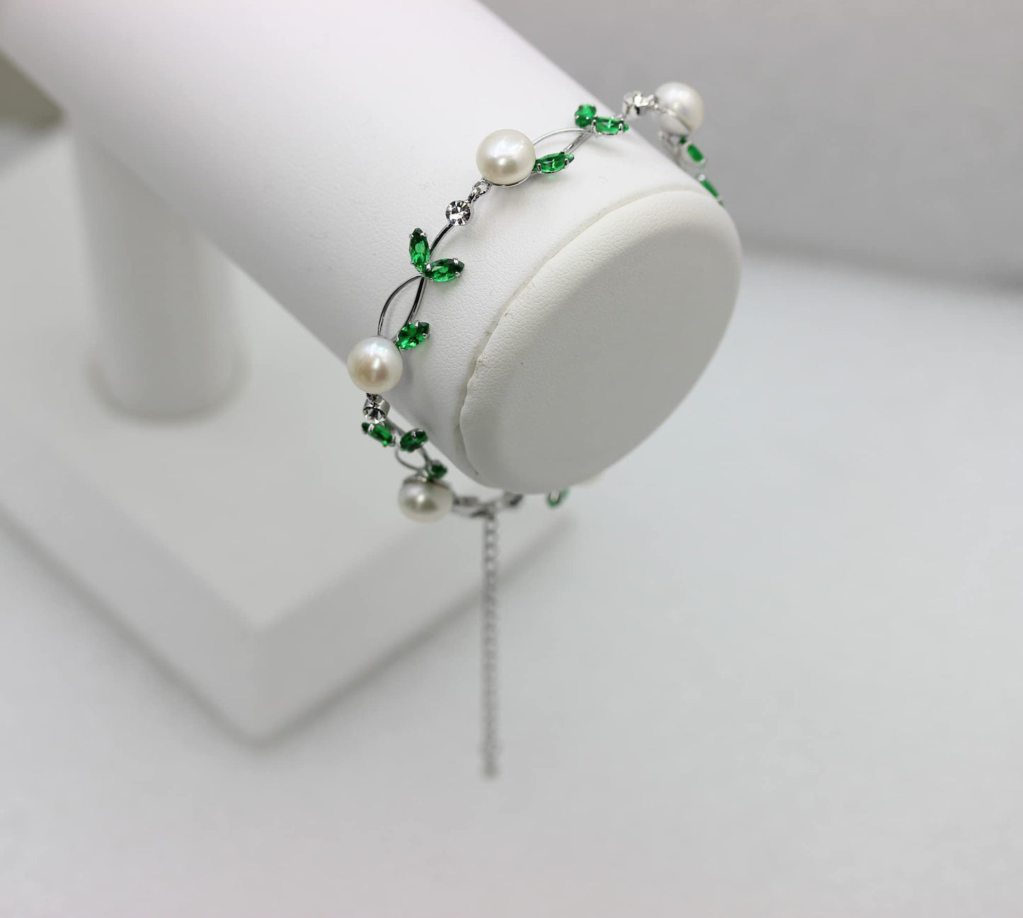 Faship Green CZ Crystal Genuine Freshwater Pearls Floral Bracelet 7.5" - 9.5" - Green/Matching Bracelet