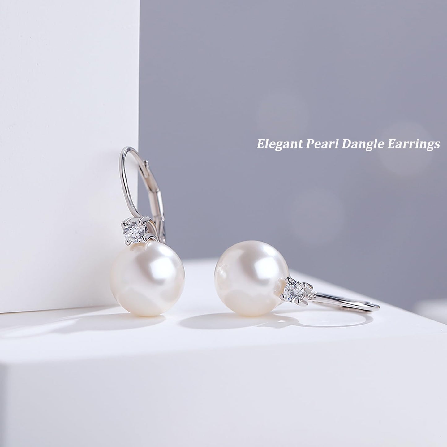 Pearl Leverback Earrings Pearl Dangle Drop Earring for Women 925 Sterling Silver Cubic Zirconia 10mm Jiahanzb