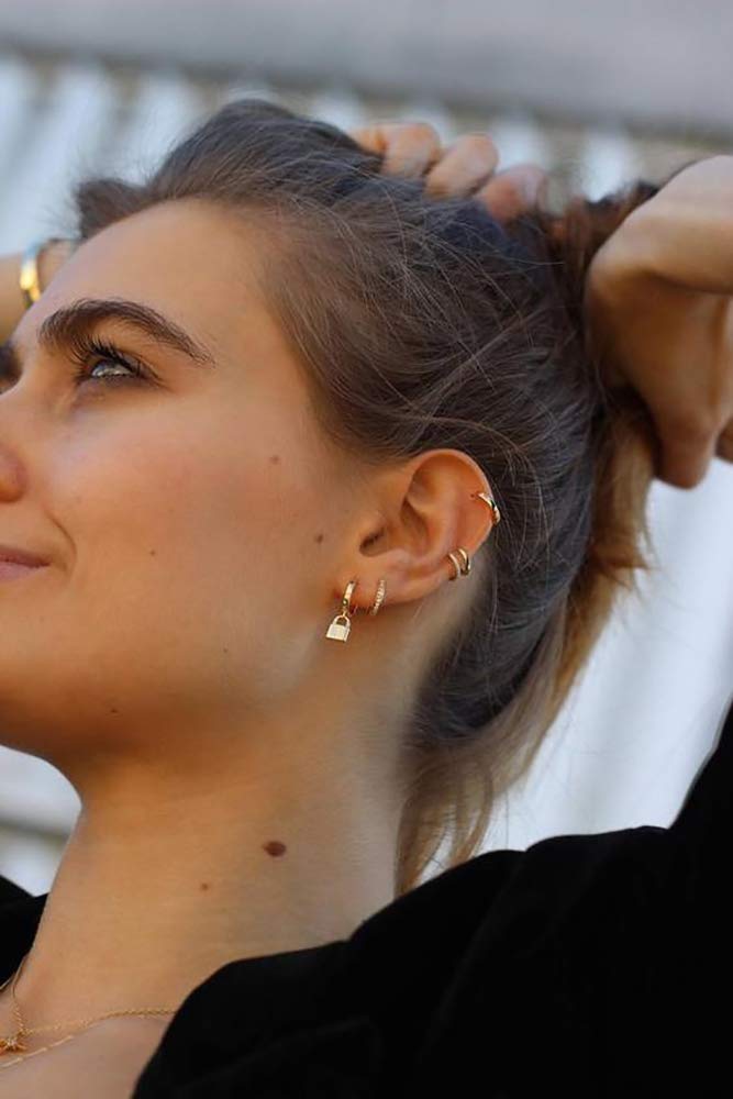 Small Hoop Lock Dangle Drop Hoop Earrings With Small Charm for Women Cute Cartilage Fashion 18K Yellow Gold Plated Vintage Elegant Dangling Jewelry