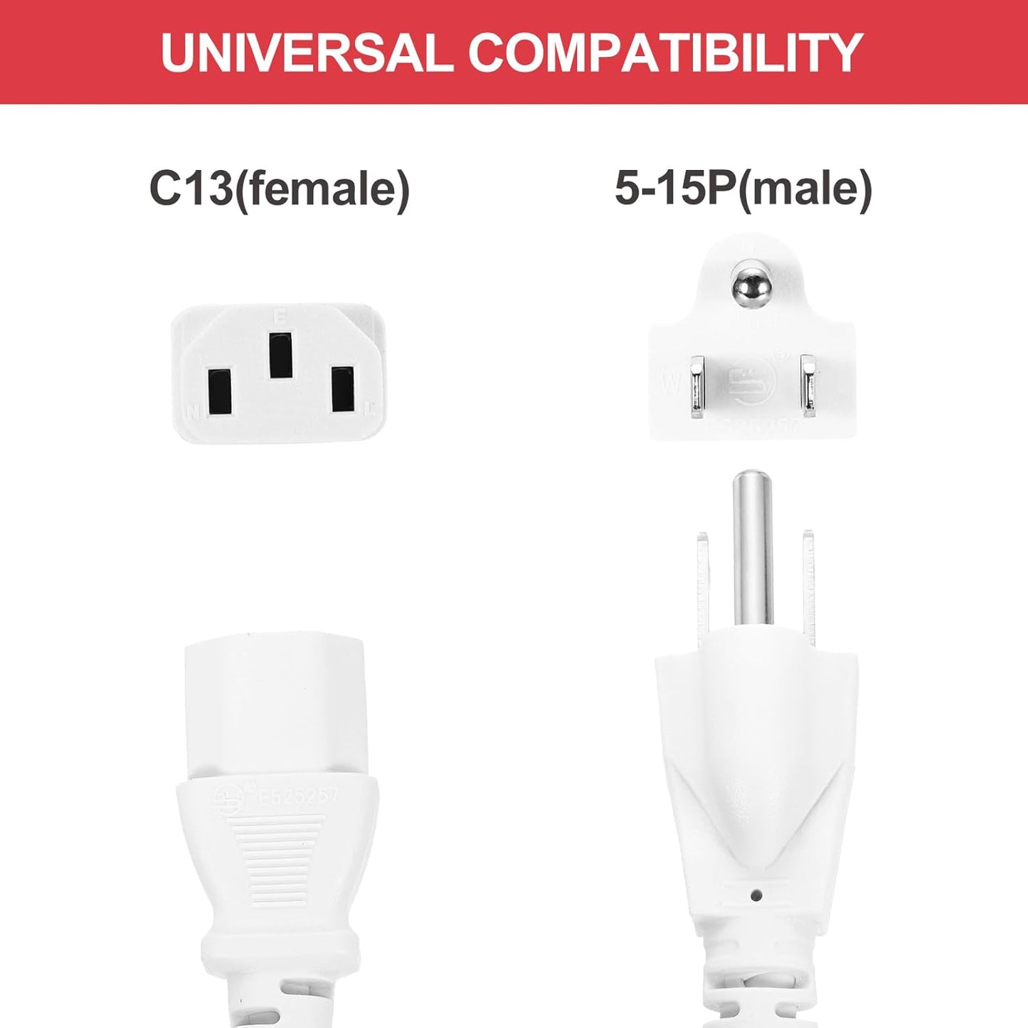 MECCANIXITY 3ft 18 18/3 C13 5-15P 10A 125V 3-Prong AWG White Universal Power Cord to NEMA Extension Power Cord