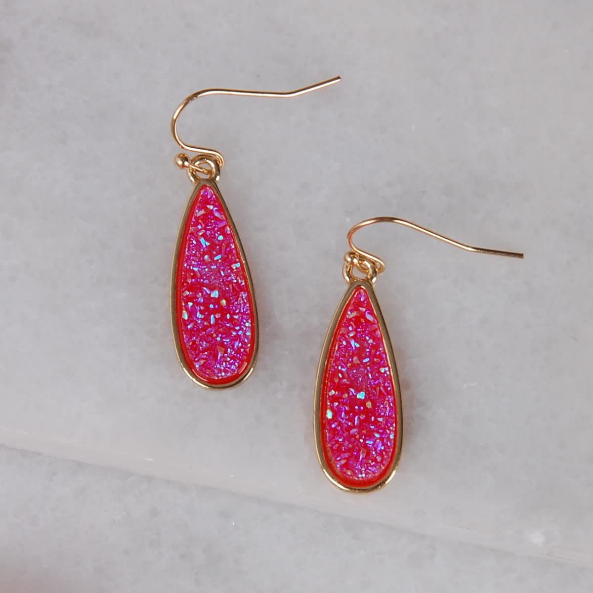 Simulated Druzy Drop Dangles - Sparkly Long Teardrop Dangly Earrings for Women, Gold Tone - Hot Pink Stone