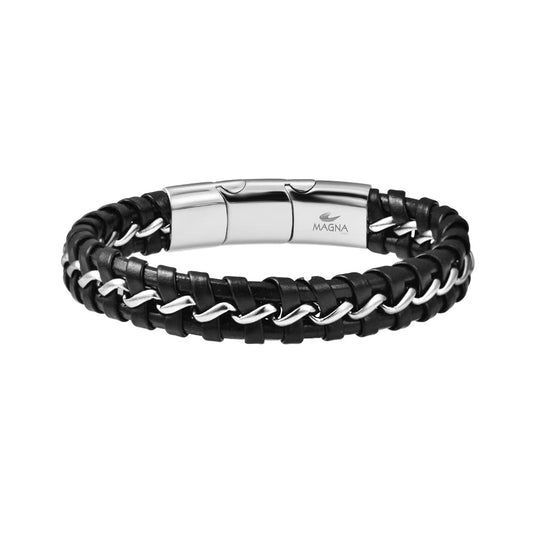 Magna Steel Men's Braided Genuine Leather Wristband Cuff Bracelet, Silver