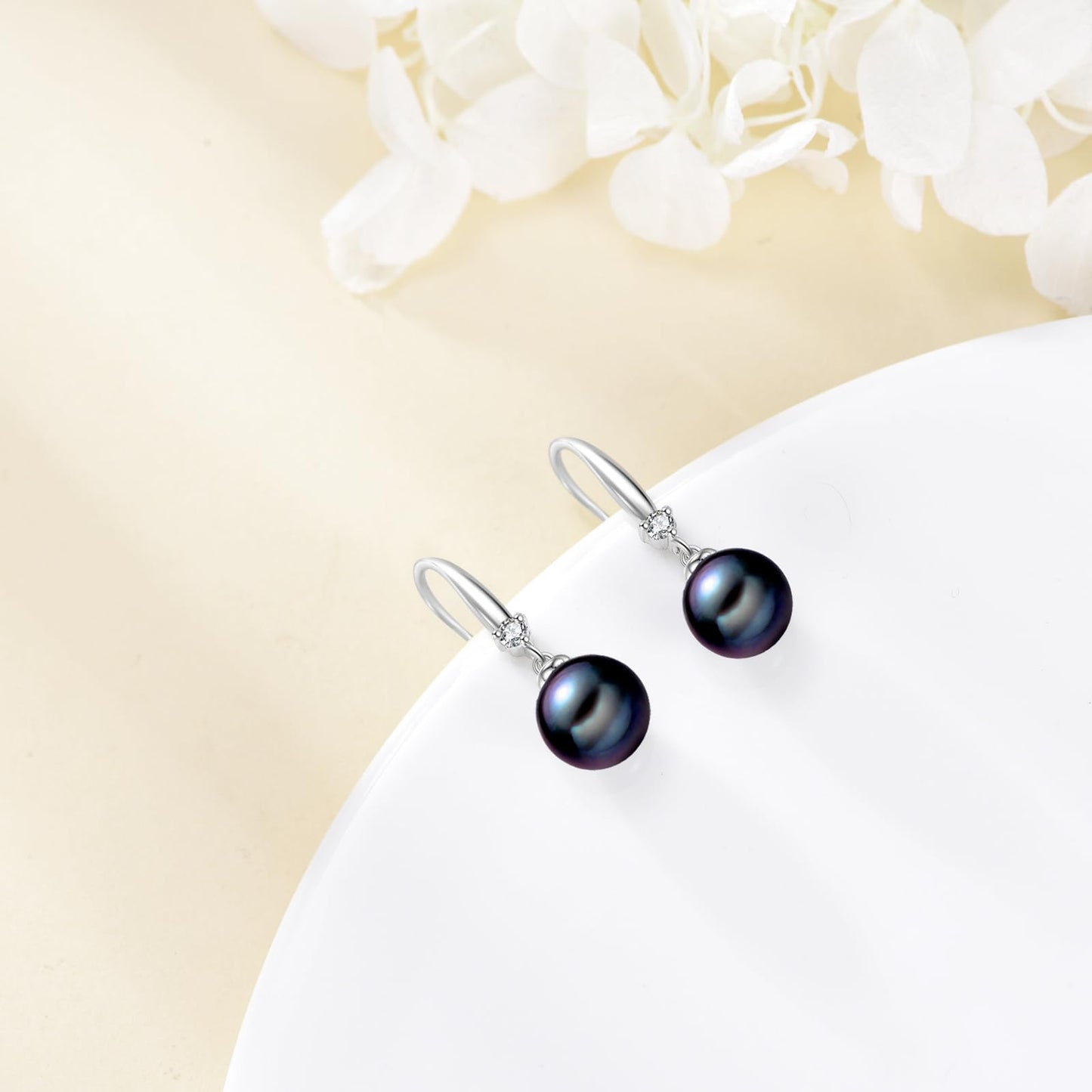 925 Sterling Silver Pearl Leverback Earrings Dangle Drop Birthstone Jewelry Gifts for Women (Black Pearl-April)