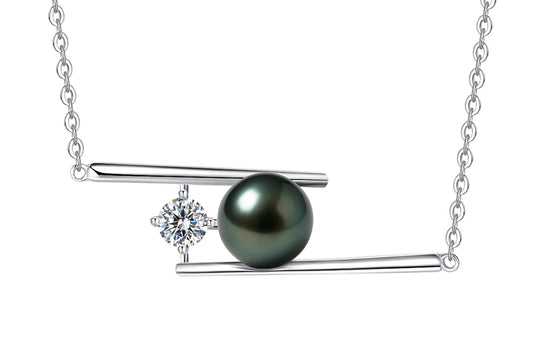 Natural Tahitian Black Pearl Necklace - Christmas Gift for Women Wife Mom Girlfriend, Jewelry Gifts for Wedding Anniversary Birthday, 9-10mm Seawater Pearl with Sterling Silver Moissanite Pendant