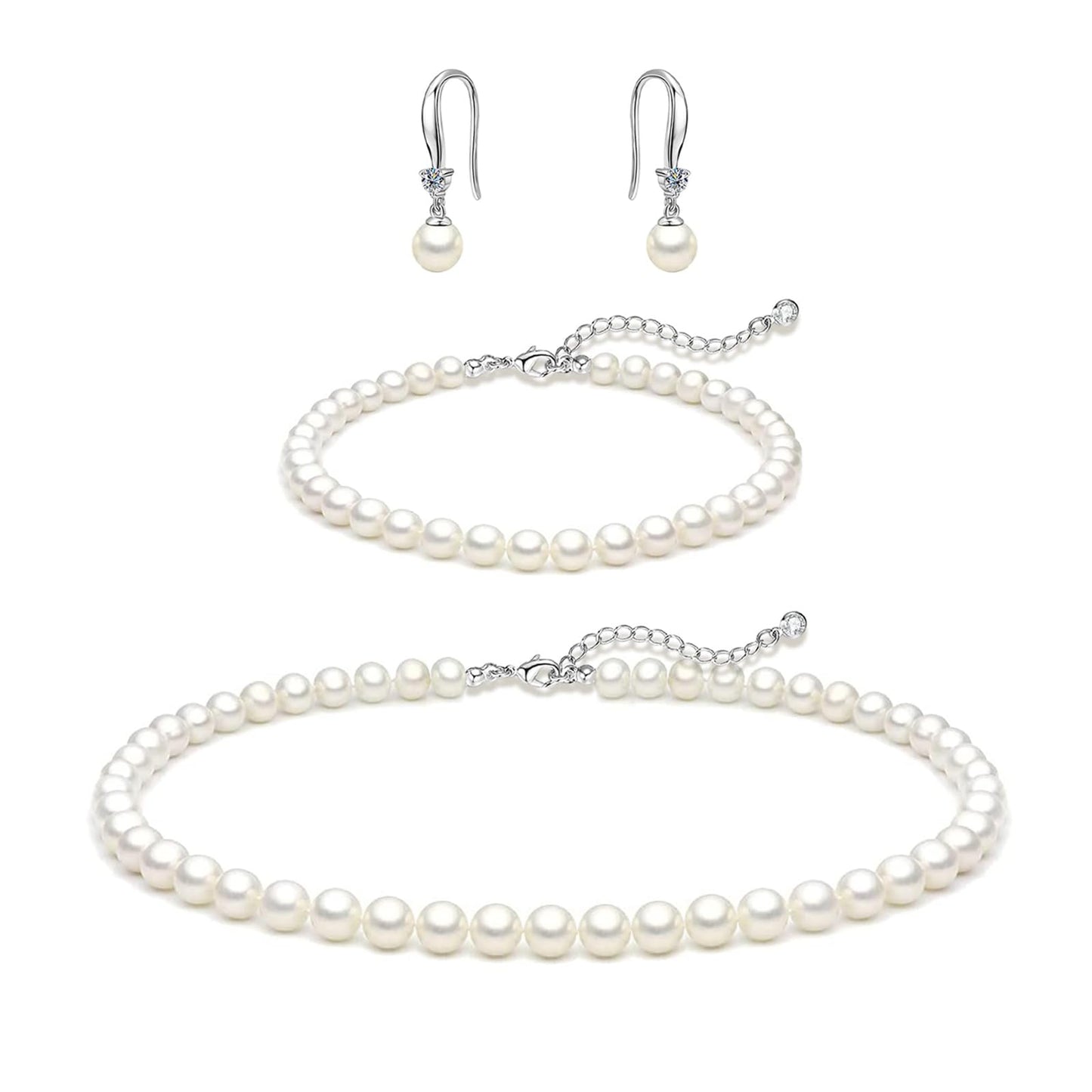 Zeffy Pearl Necklace and Earring Set for Women, White Round Faux Pearl Necklace Bracelet Earring Set of 3, Jewelry for Brides