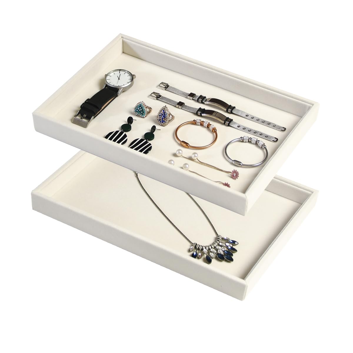 Coward 2Pcs/Set Stackable Jewerlry Organizer Tray Beige Velvet Blank Tray Holder for Beads Bracelets Necklaces Earrings Store Selling or Home Show