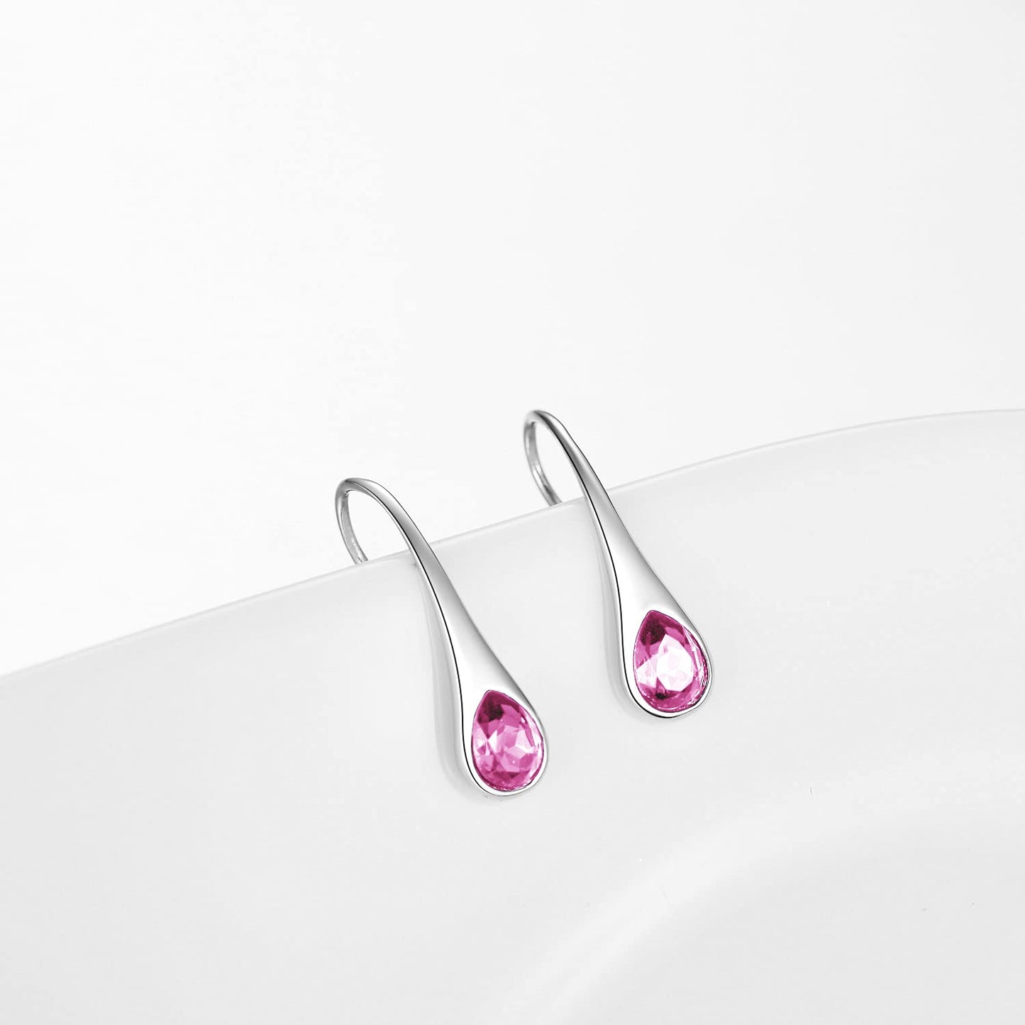 Sterling Silver Teardrop Hook Earrings with October Pink Birthstones Small Pull Through Earrings October Birthstone Jewelry Gifts for Women Wife Mom