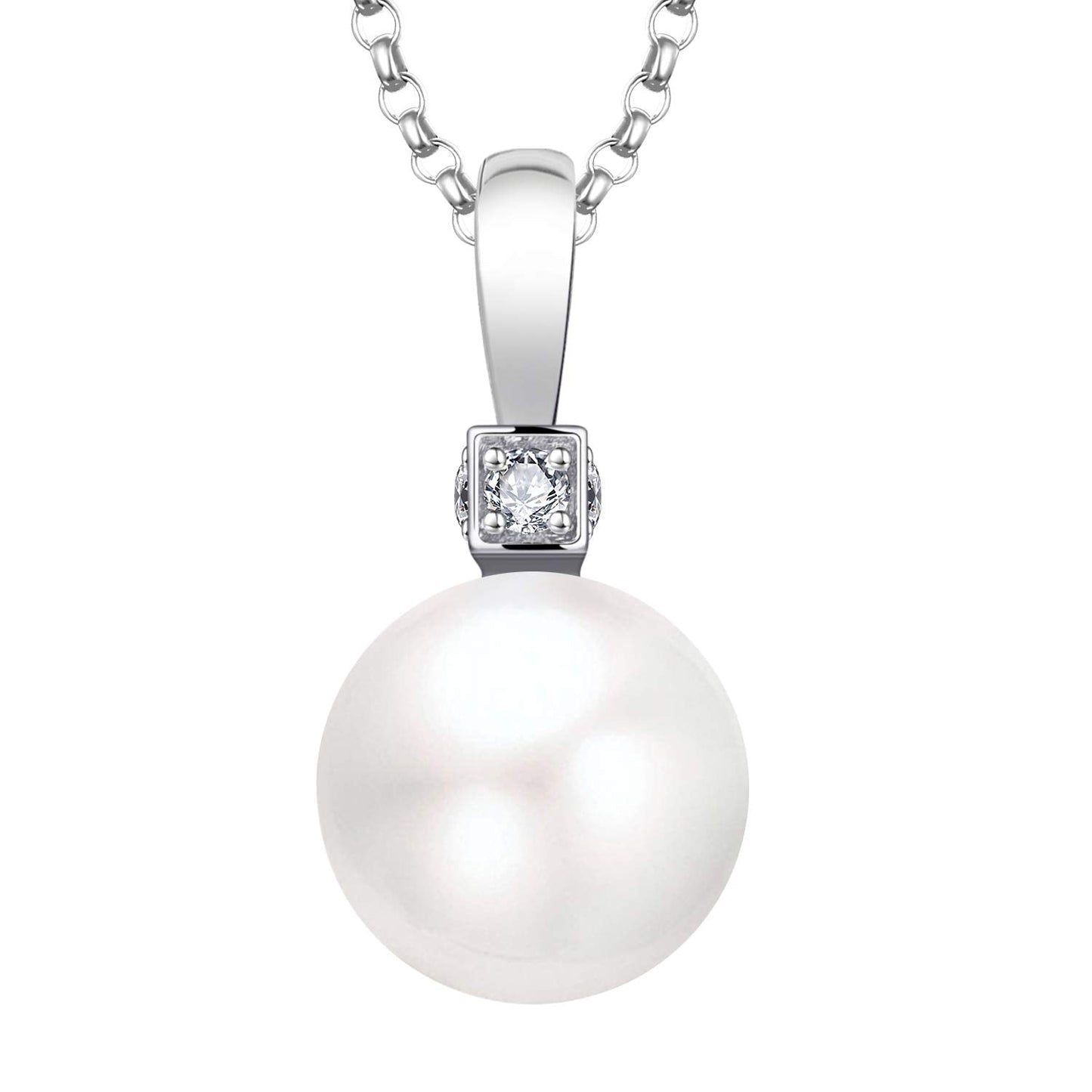 JO WISDOM Pearl Necklace,925 Sterling Silver Cubic Zirconia 11mm Large Simulated Pearl Pendant Necklace,Jewelry for Women