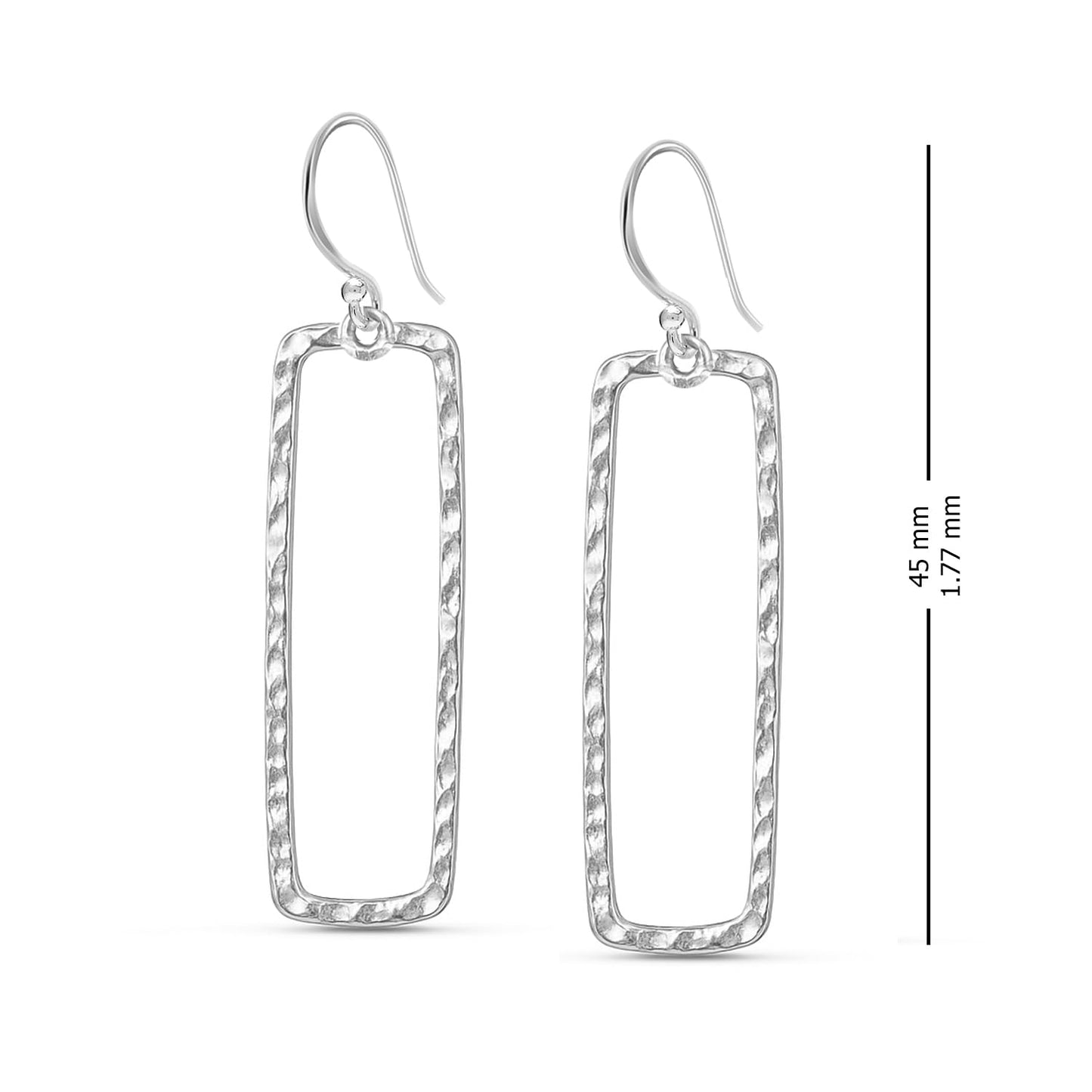 LeCalla 925 Sterling Silver Classic Hammered Balancing Act Drop Earrings Italian Hammered Design Open Rectangular Drop Dangle Earrings for Women 45 MM