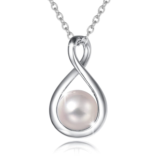 FANCIME White Pearl Necklace June Birthstone Necklace for Women, 925 Sterling Silver Dainty Infinity Pendant Fine Jewelry Birthday Mothers Day Gifts for Women Her Mom Daughter, 16+2 Inch