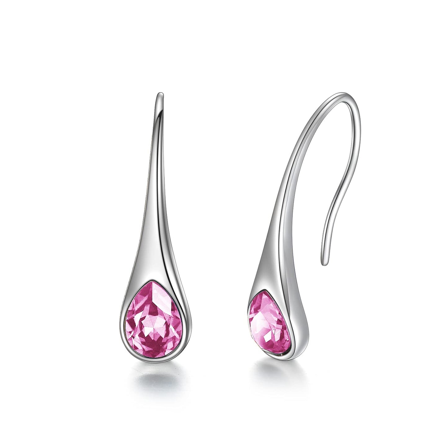 Sterling Silver Teardrop Hook Earrings with October Pink Birthstones Small Pull Through Earrings October Birthstone Jewelry Gifts for Women Wife Mom