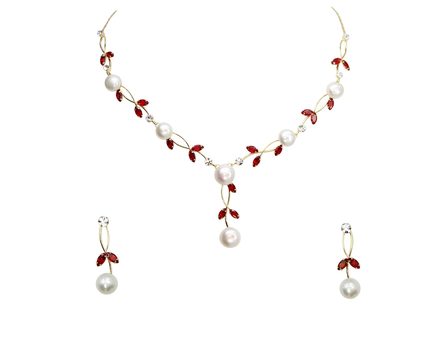 Faship Red CZ Crystal Genuine Freshwater Pearls Floral Necklace Earrings Set - Red/Gold Plated