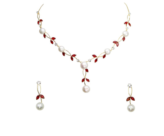 Faship Red CZ Crystal Genuine Freshwater Pearls Floral Necklace Earrings Set - Red/Gold Plated