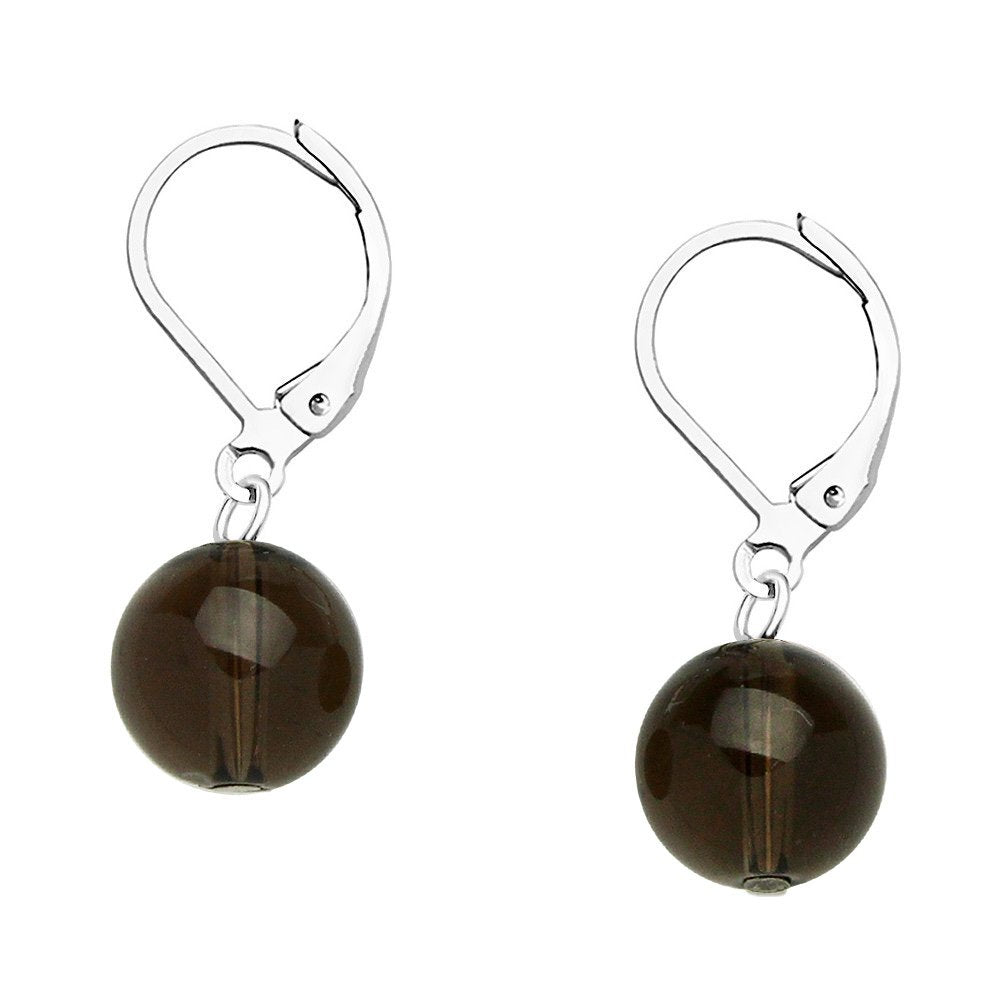 Falari 10mm Round Natural Stone Earring High Polished Rhodium Leverback Smoky Quartz