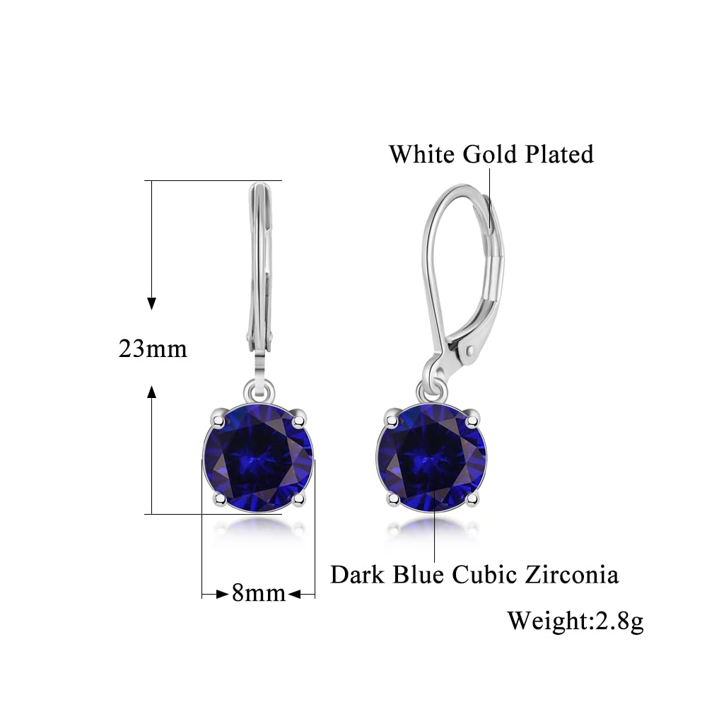 CiNily Leverback Dangle Earrings Created Dark Blue Crystal Drop Earrings White Gold Plated Jewelry for Women 8 mm