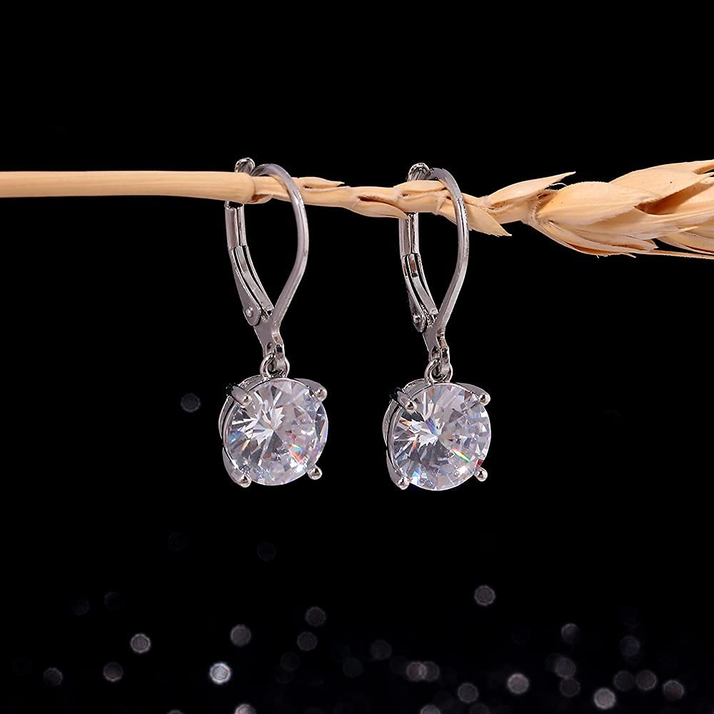CiNily Leverback Dangle Earrings Created White Crystal Drop Earrings White Gold Plated Jewelry for Women 8 mm