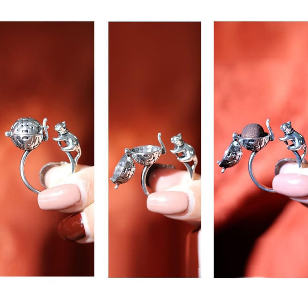 OIDIMS Unique Cat Ring Aromatherapy Finger Open Adjustable Ring Cute Naughty Cats Fashion Portable Mini Locket Rings Convenient Accessories Jewelry Birthday Xmas for Women Men Pet Lover