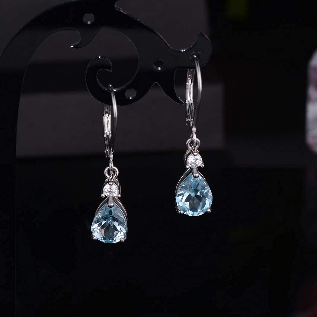 925 Sterling Silver 7 * 9mm Blue Topaz Teardrop Leverback Earrings Drop Dangly Gemstone Dangle Earrings Hypoallergenic Jewelry Birthday Gifts for Women