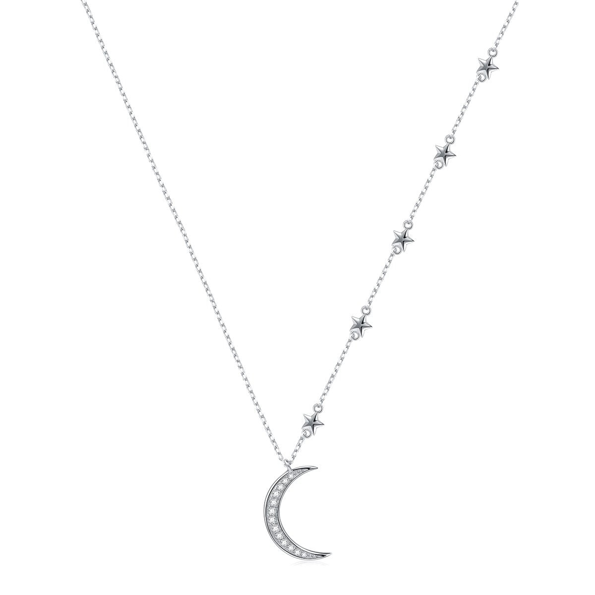 925 Sterling Silver Crescent Moon and Star Celestial Jewelry CZ White Shell Beads Mother of Pearl Pendant Necklace Rolo Chain 18 inches to 20 inches