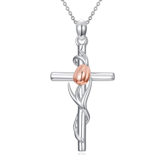 YYB Tulip Cross Necklace 925 Sterling Silver Tulip Gifts for Women Dainty Silver Cross Necklace Christian Religious Gifts for Women Mothers Day Gifts