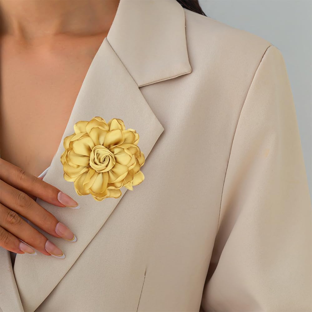 Elegant Large Cloth Flower Brooches Big Camellia Flower Pin for Women Dainty Cloth Fabric Rose Brooches Dress Skirt Scarf Hat Pins Clothing Decoration Accessories (Yellow A)