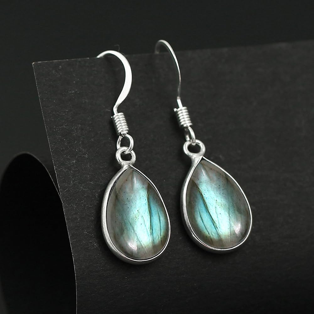Natural Labradorite Dangle Earrings For Women Sterling Silver Plated, Handmade Birthstone Drop Earrings Jewelry Mother's Day Gifts For Her