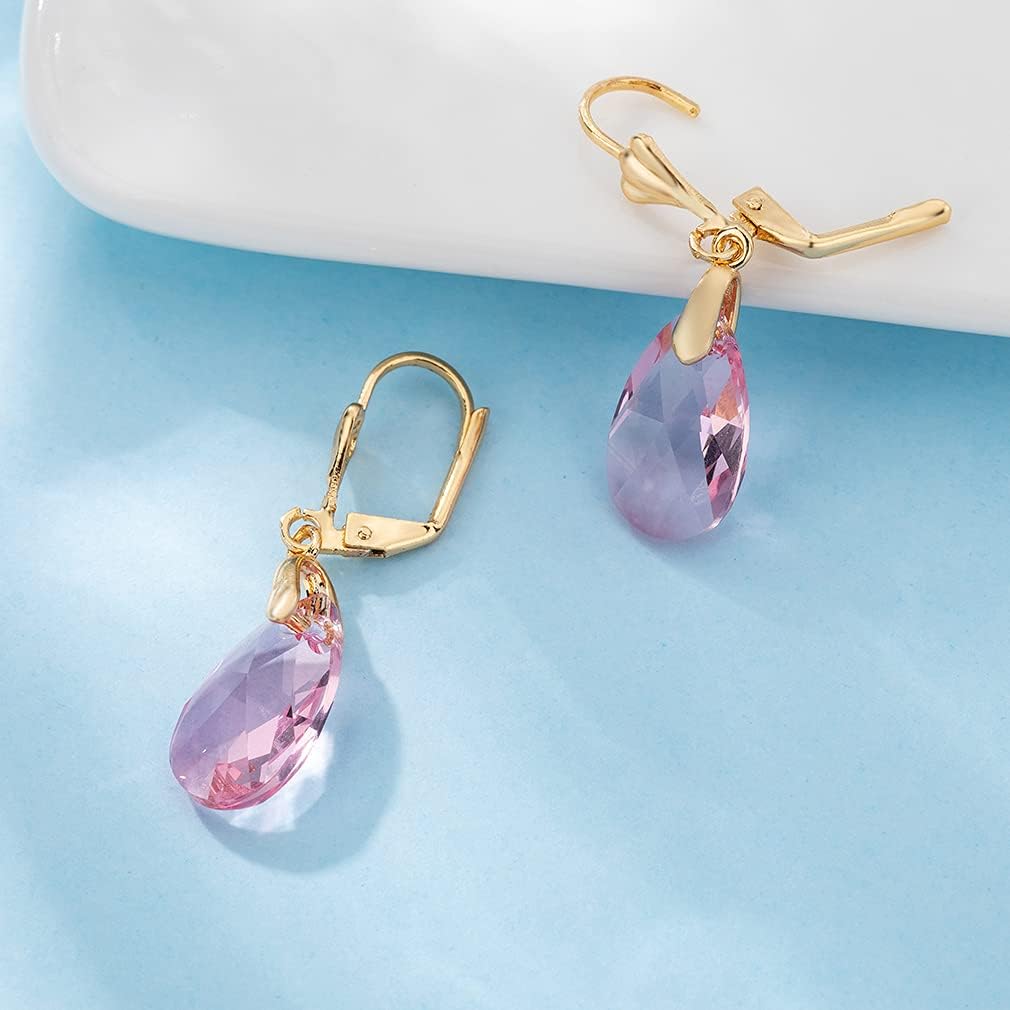 Austrian Crystal Teardrop Leverback Dangle Earrings for Women Fashion 14K Gold Plated Hypoallergenic Jewelry (Pink)