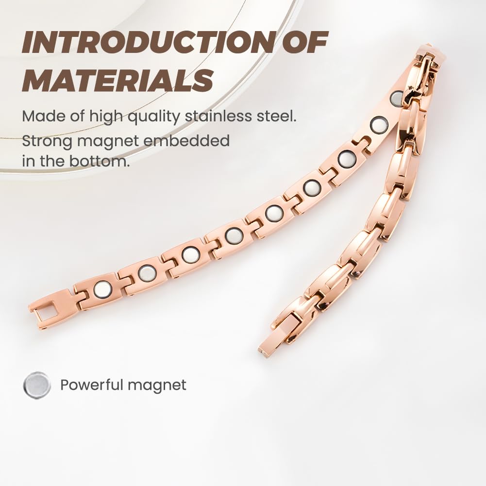 QIAOZILI Ultra Strength Magnetic Bracelet for Women, Stainless Steel Lymphatic Drainage, Magnetic Therapy Bracelets, Adjustable size, Rose Gold