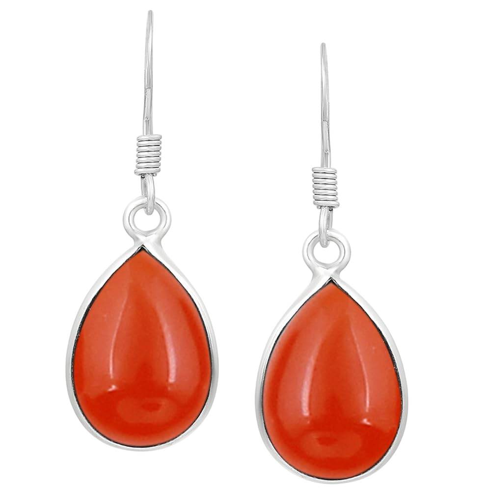 Natural Carnelian Sterling Silver Plated Dangle Earrings for Women - Orange Stone Teardrop Shape July Birthstone Handmade Drop Earrings Jewelry - Christmas Gifts for Her