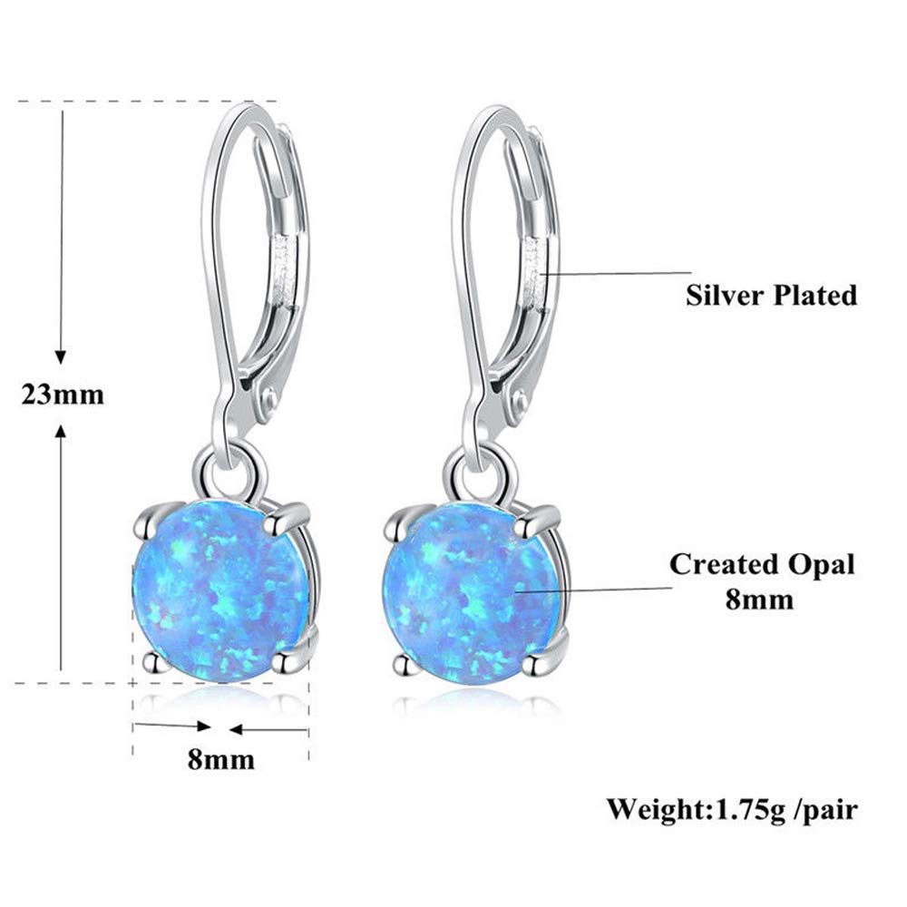 CiNily Round-Cut Opal Dangle Earrings, Blue Fire Opal Rhodium Plated Women Jewelry Leverback Gemstone Drop Earrings