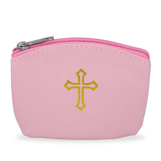 Pink Rosary Pouch with Zipper and Gold Cross Imprint for Women - Stylish Catholic Pouch, Perfect for Easter, Lent, and Religious Travel - Portable Gold Cross Rosary Holder