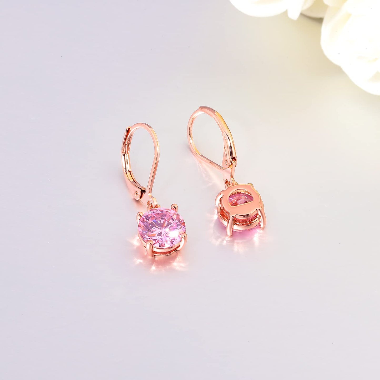 CiNily Dangle Earrings for Women Ladies Pendant Earrings 14K Rose Gold Plated Drop Earring CZ Pink Cubic Zirconia Leverback Dangle Earrings for Sensitive Ears Hypoallergenic Fashion Jewelry