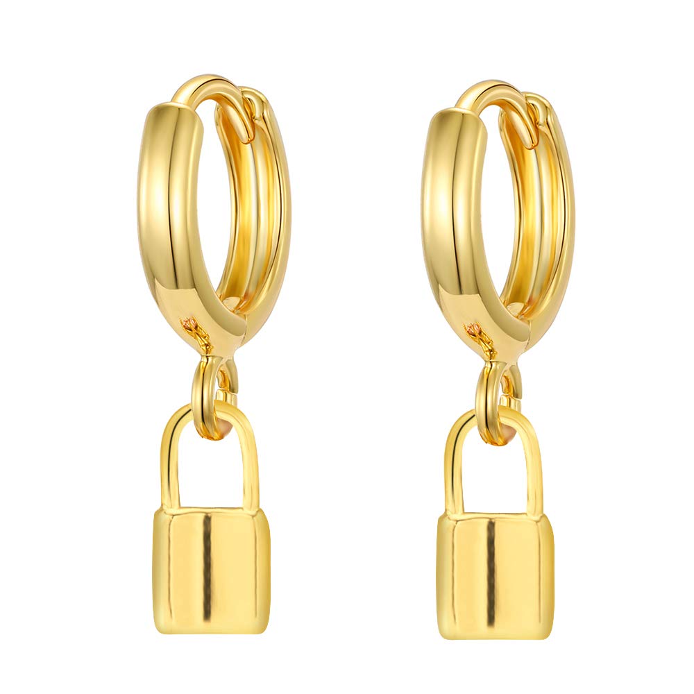 Small Hoop Lock Dangle Drop Hoop Earrings With Small Charm for Women Cute Cartilage Fashion 18K Yellow Gold Plated Vintage Elegant Dangling Jewelry