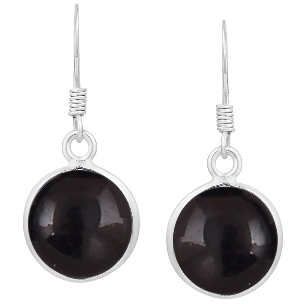 Natural Black Onyx 925 Silver Plated Dangle Earrings for Women - Round Shape Black Color Gemstone July Birthstone Handmade Jewelry Earrings - Birthday Gift for Her