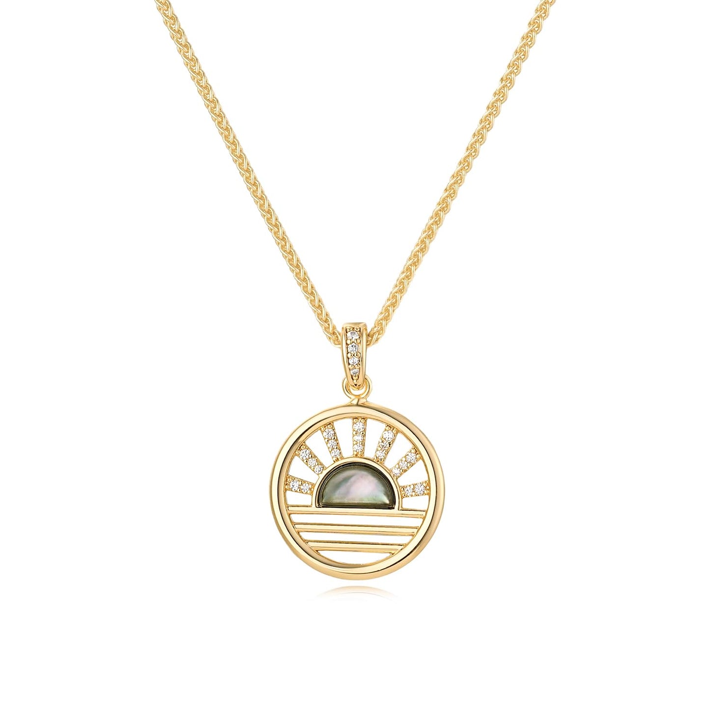 MYEARS Women Gold Necklace Sun Sunrise/Sunset Open Circle Pendant Black Mother of Pearl Cubic Zirconia 14K Simple Dainty Twisted Chain Everyday Summer Beach Jewelry
