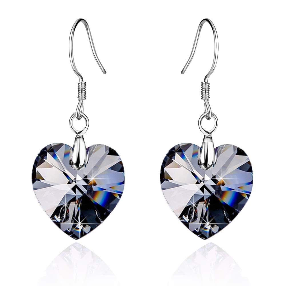 Austrian Crystal Heart Drop Dangle Earrings for Women 925 Sterling Silver Hook Hypoallergenic Earring (Grey-Black)