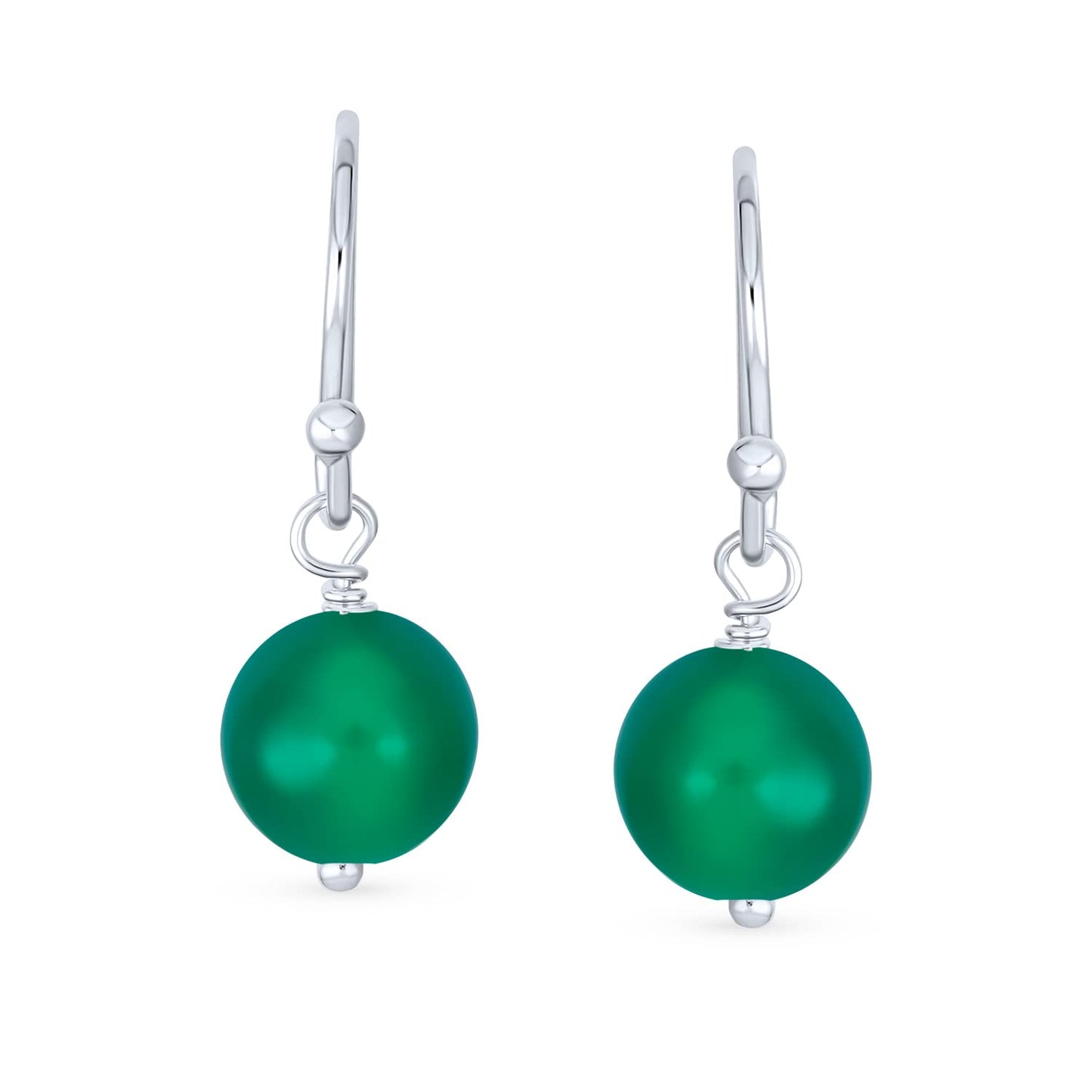 Bling Jewelry Timeless .925 Sterling Silver Green Agate Bead 8mm Ball Drop Earrings Fish Hook Genuine Gemstone May Birthstone