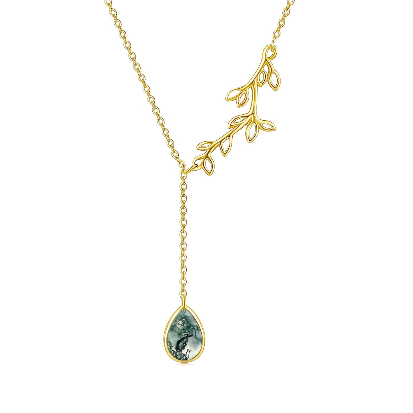 Silikepa Leaf Necklace for Women 925 Sterling Silver Gold Leaf Pendant Necklace Y Chain with Moss Agate Jewelry Gifts for Women
