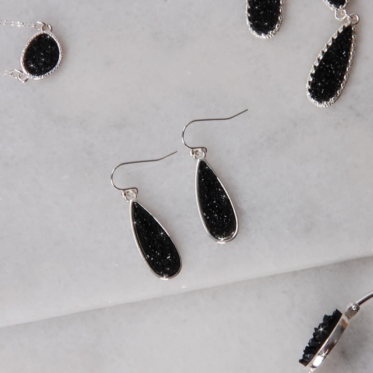 Black and Silver Tone Earrings for Women - Black Dangle Earrings for Women, Simulated Druzy Hanging Teardrop Dangles, Bohemian Silver Tone Sparkly Boho Long Tear Drops, Elegant Dangling Dangly Drop