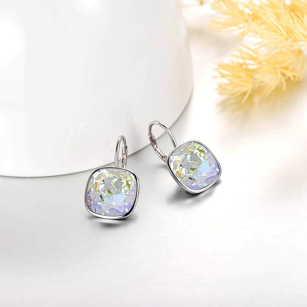 AOBOCO Sterling Silver Leverback Earrings Embellished with Crystals from Austria, Hypoallergenic Cushion Cut Square Crystal Earrings, Fine Anniversary Birthday Jewelry Gifts for Women (Fantasy White-10mm)