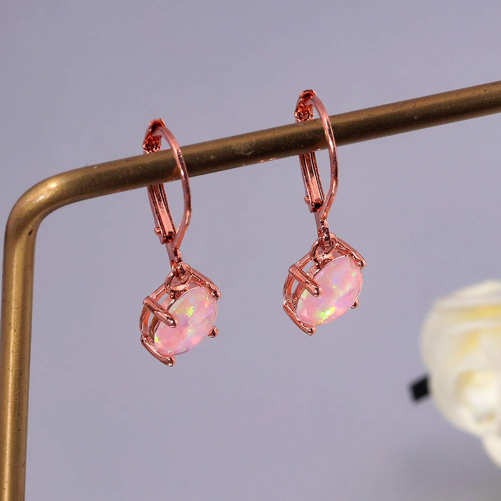 CiNily Rose Gold Plated Dangle Opal Earrings for Women, Leverback Drop Earrings Pink Opal Jewelry