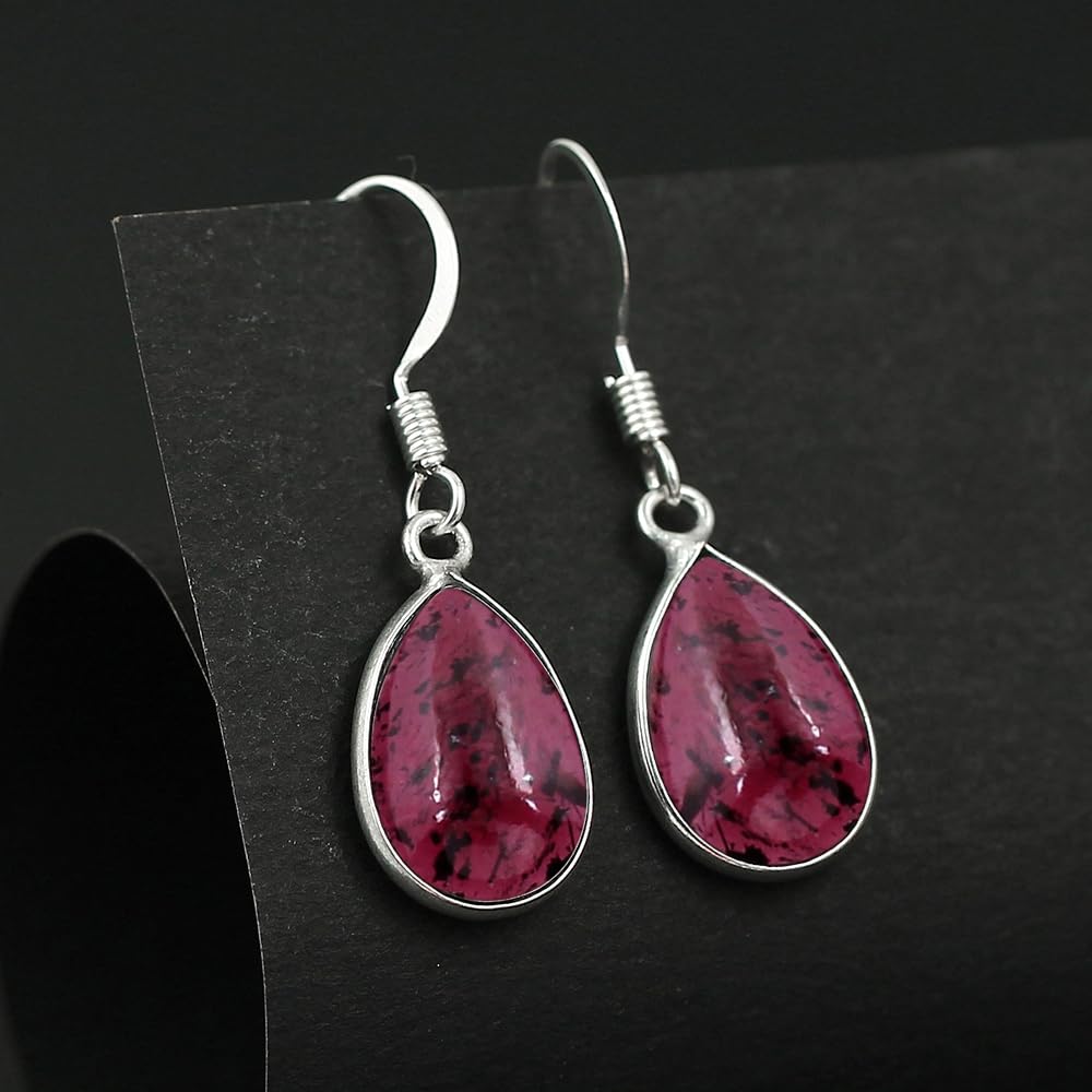 Natural Garnet Sterling Silver Plated Dangle Earrings for Women - Red Stone Teardrop Shape January Birthstone Handmade Drop Earrings Jewelry - Perfect for Anniversaries Wedding