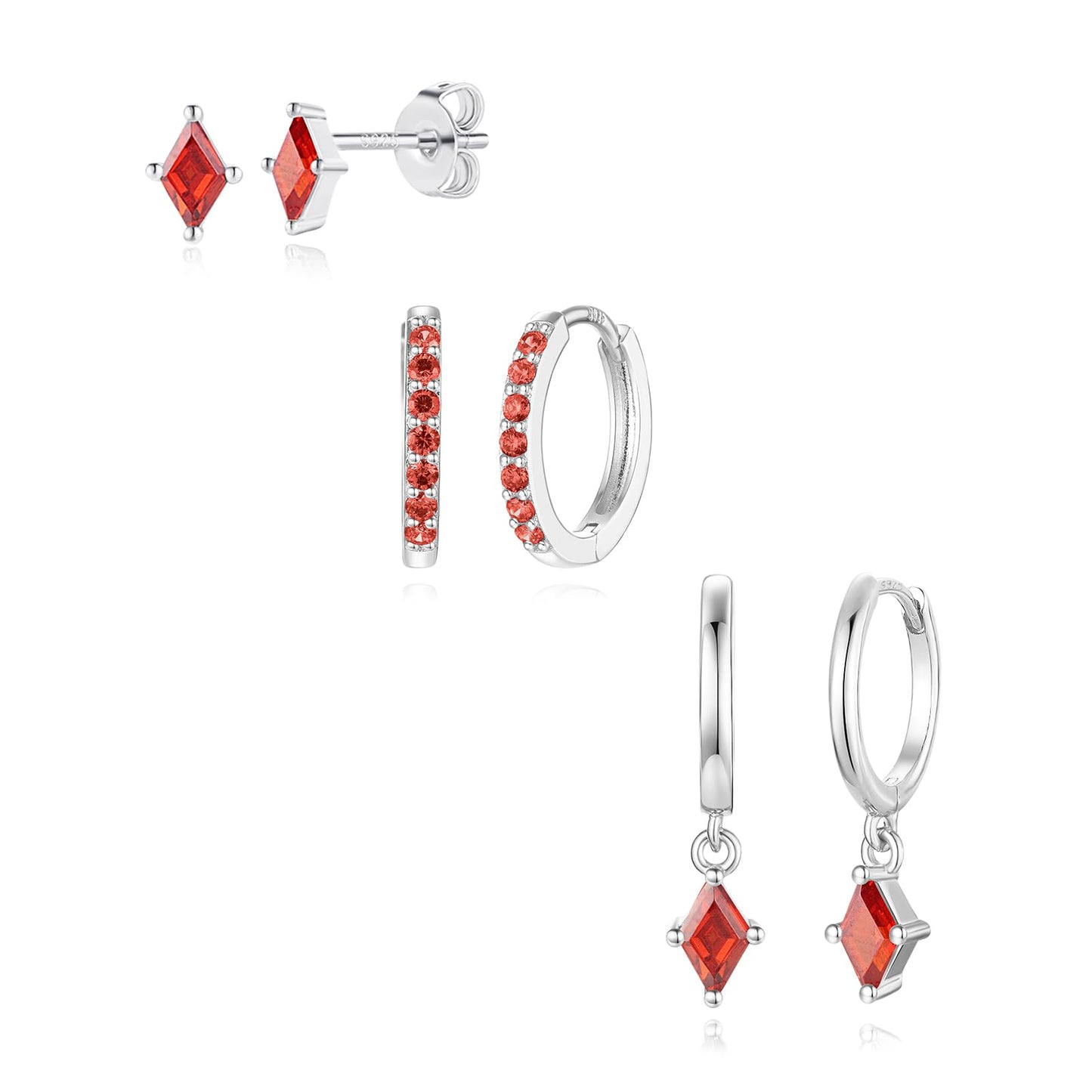 3 Pairs Sterling Silver Hoop Earrings Set for Women, Hypoallergenic Silver Red Earrings for Multiple Piercing, Dainty Huggie Ruby Earring Cartilage Earring Stacks Trendy Red Jewelry Gifts