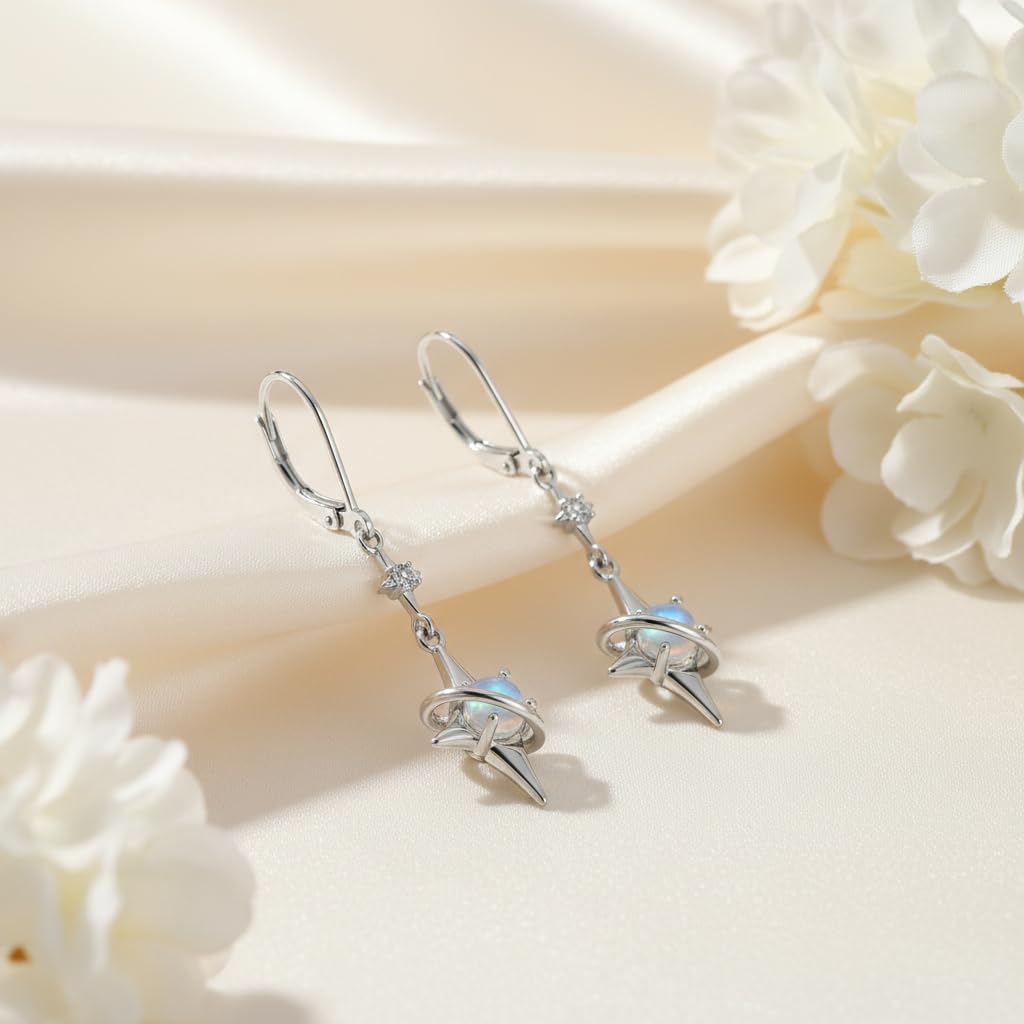 North Star Earrings 925 Sterling Silver Star Dangling Drop Earrings with Moonstone Jewelry Gifts for Women