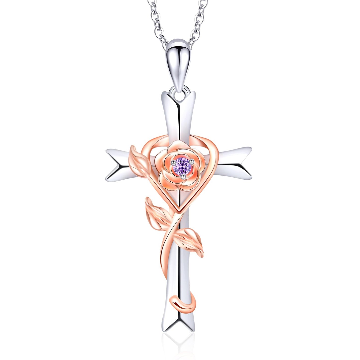 RIVIKO 925 Sterling Silver Cross Feb Birthstone Necklace for Women Cross Rose Pendant Necklaces Trendy Anniversary Jewelry Birthday Gift for Women Her Wife Girlfriends Daughter